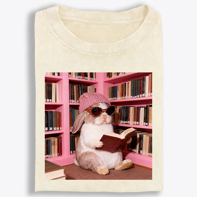 Bunny Bookish Rabbit Retro Washed T-Shirt
