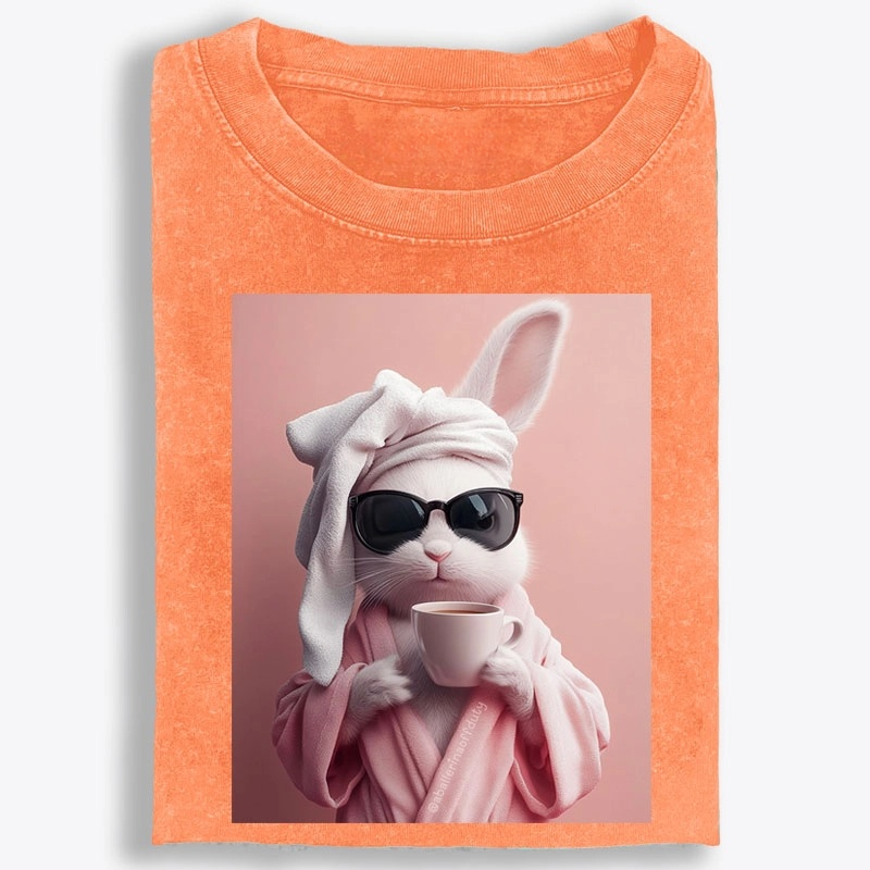 Bunny in Bathrobe Morning Coffee Retro Washed T-Shirt
