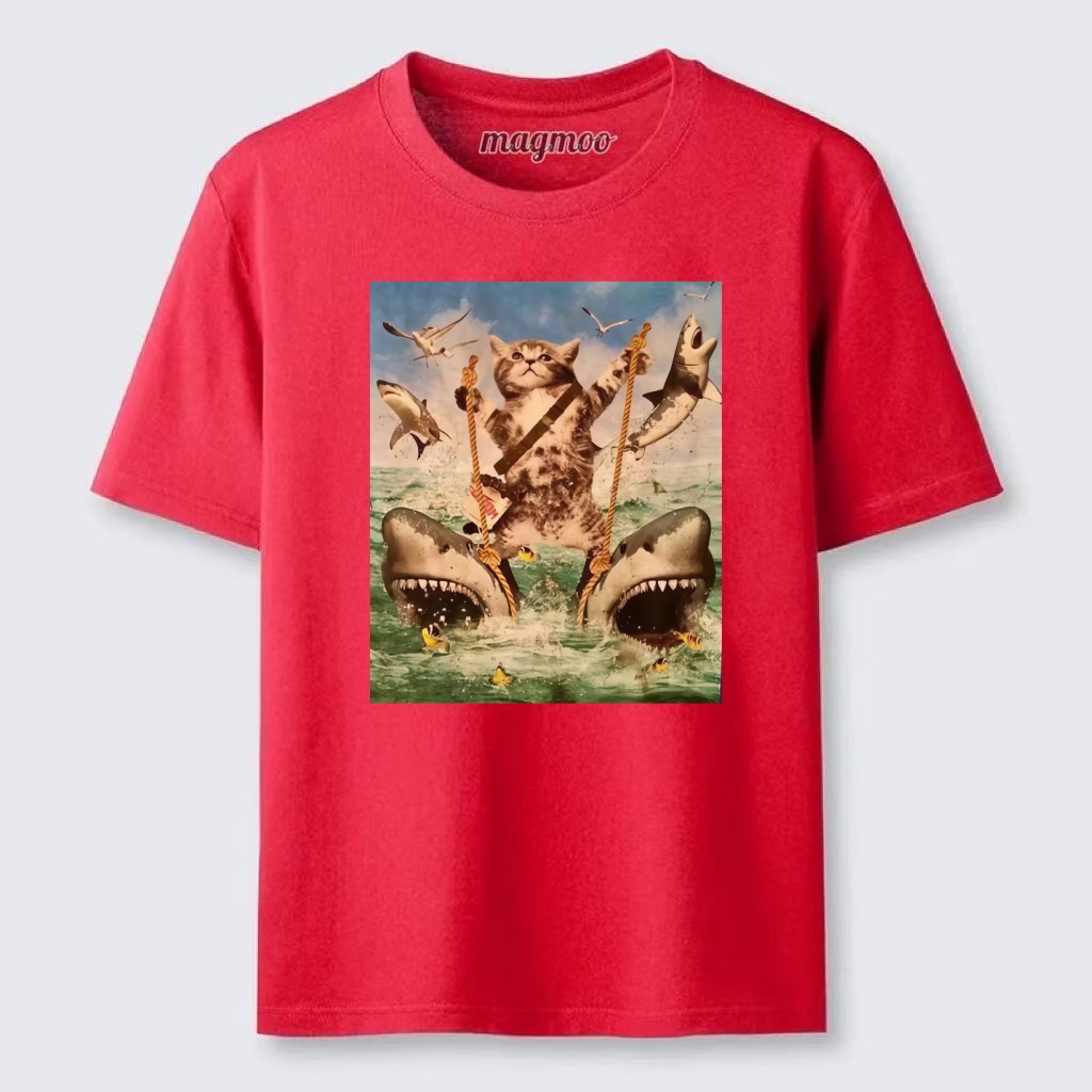 Magmoo Cat Riding Sharks T-shirt