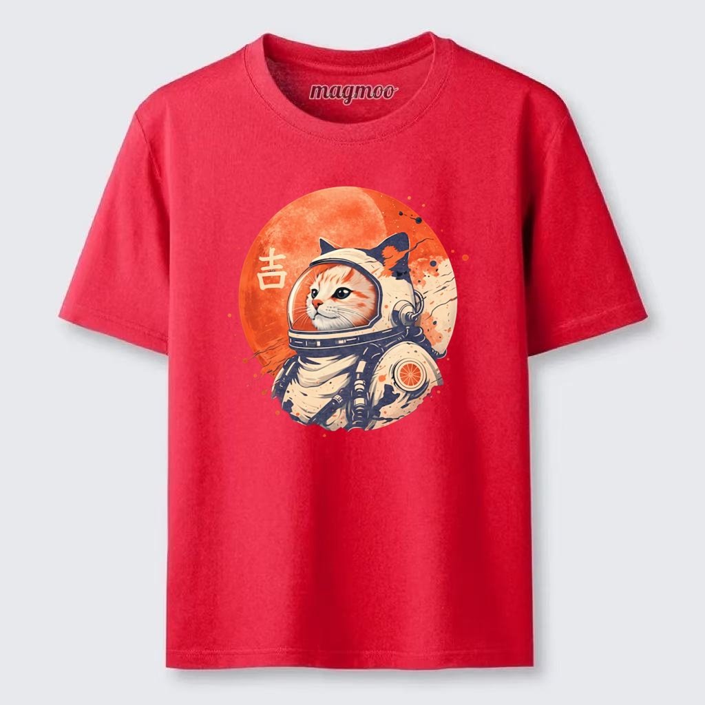 Magmoo Japanese Minimalist 1950s Retro Space Cat Good Luck Kanji T-shirt