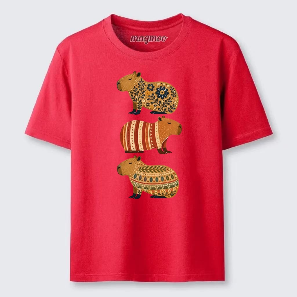 Magmoo Folk Floral Striped Capybara Trio Print Classic T-shirt