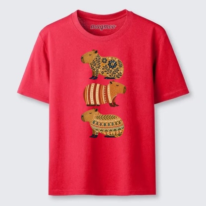 Magmoo Folk Floral Striped Capybara Trio Print Classic T-shirt