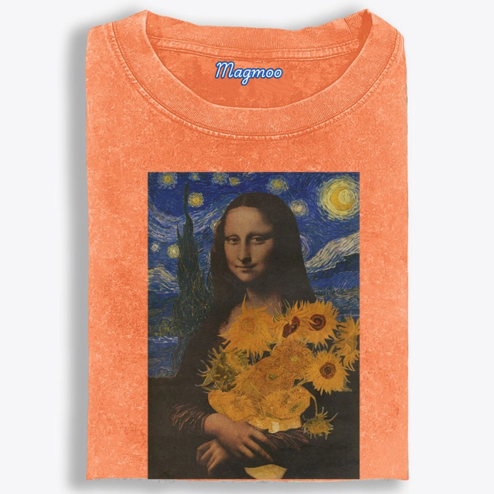 Mona Lisa's Starry Sunflowers Retro Washed T-Shirt