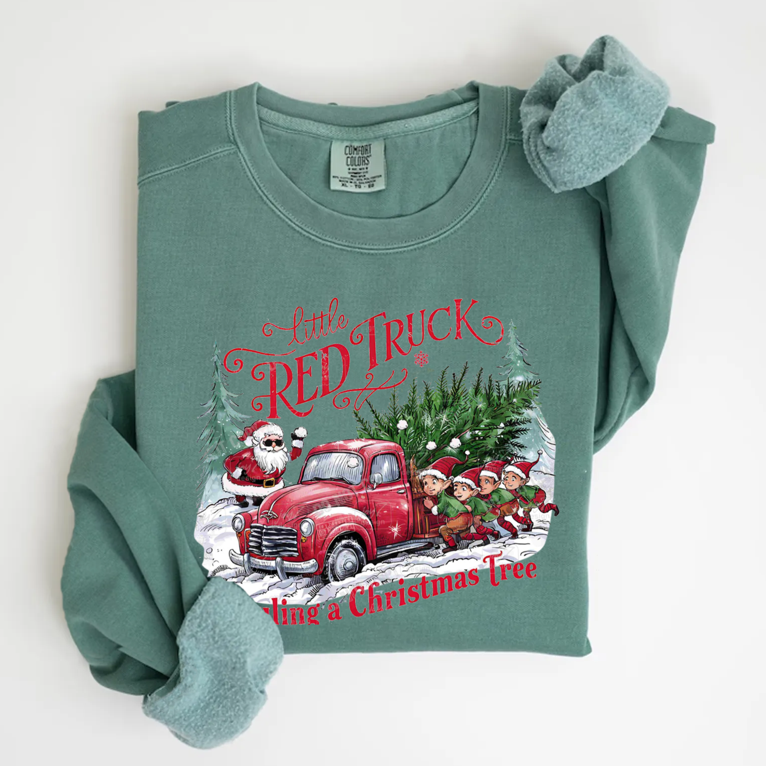 Little Red Truck Hauling A Christmas Tree Sweatshirt-Magmoo
