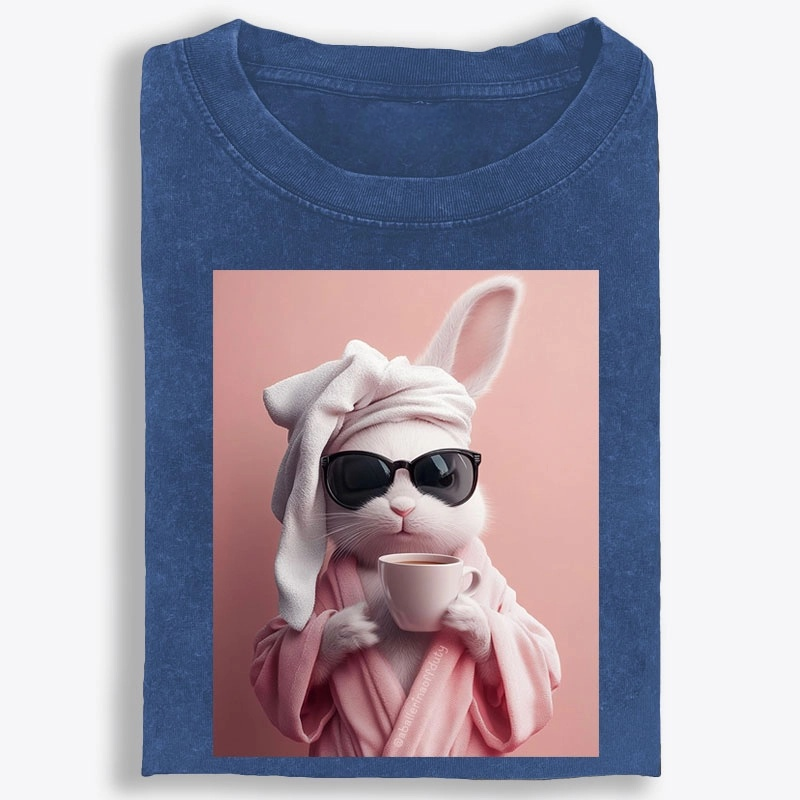 Bunny in Bathrobe Morning Coffee Retro Washed T-Shirt