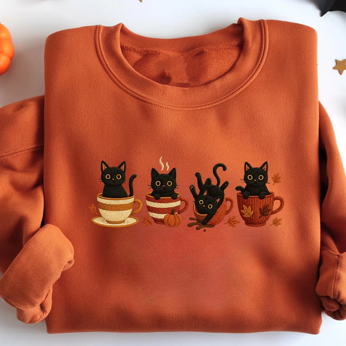 Embroidered Halloween Black Cat Sweatshirt-Magmoo