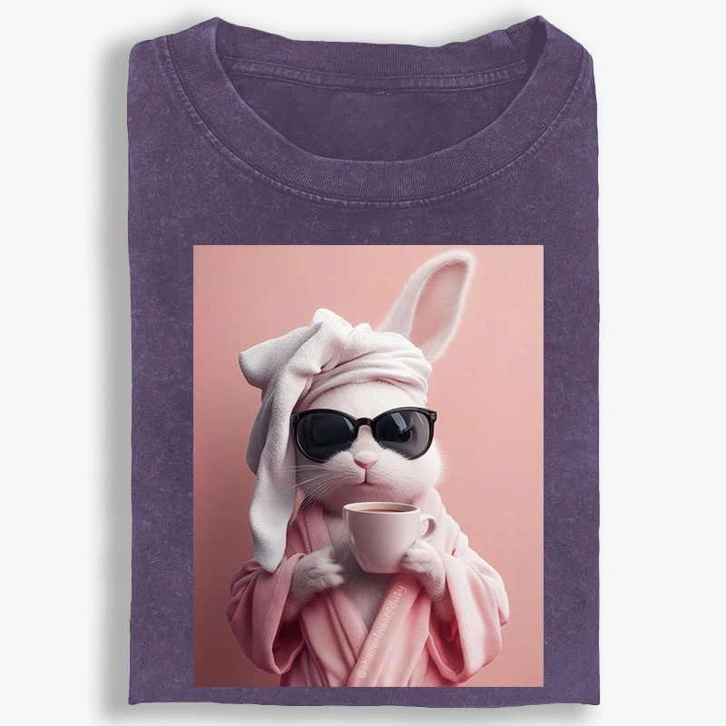 Bunny in Bathrobe Morning Coffee Retro Washed T-Shirt