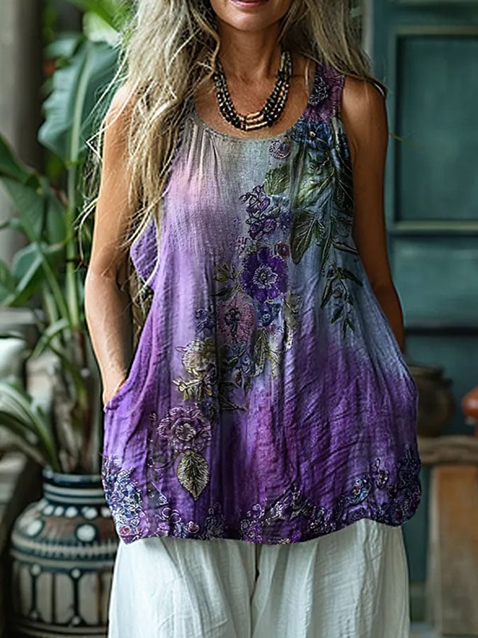 Women's Alzheimer's Purple Floral Print Linen Tank Top-Magmoo