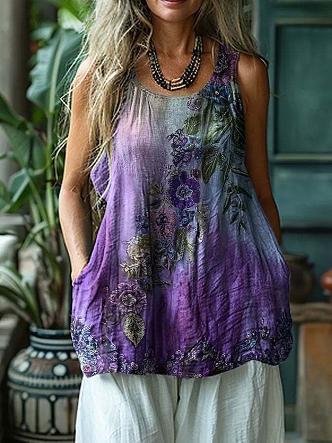 Women's Alzheimer's Purple Floral Print Linen Tank Top-Magmoo