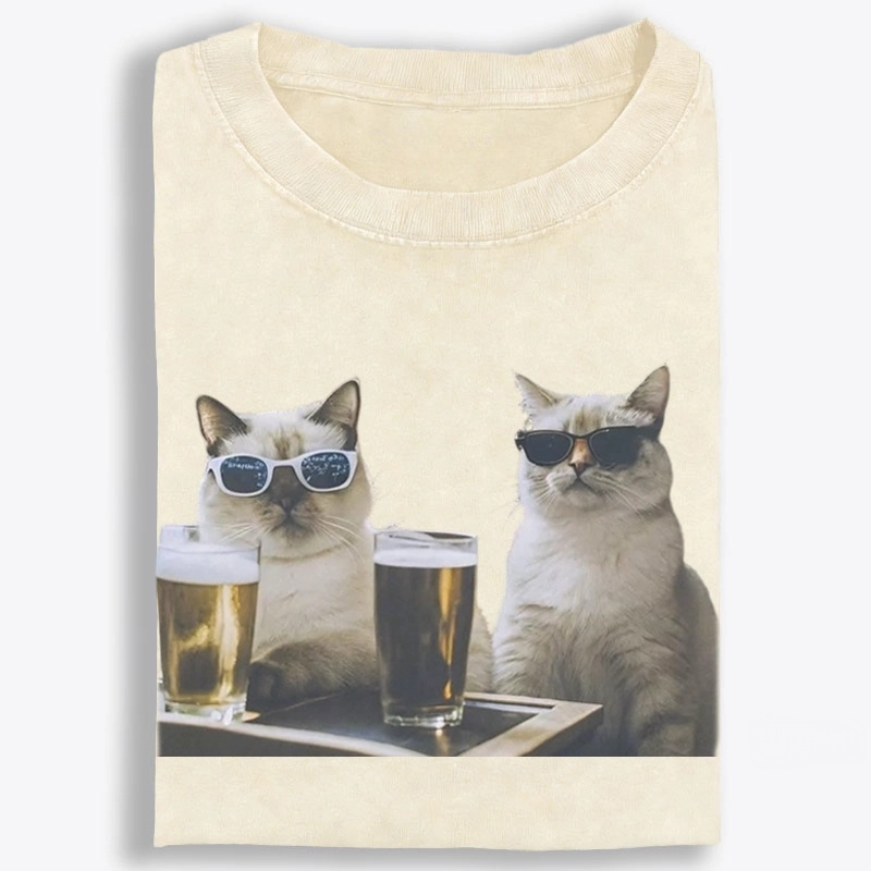 Cats at Bar with Beer Retro Washed T-Shirt