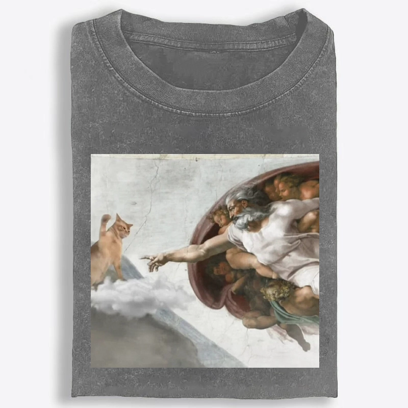 Cat Parody of The Creation of Adam Art Retro Washed T-Shirt