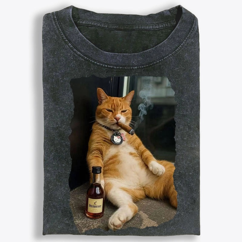 Cigar Cat Retro Washed T-Shirt