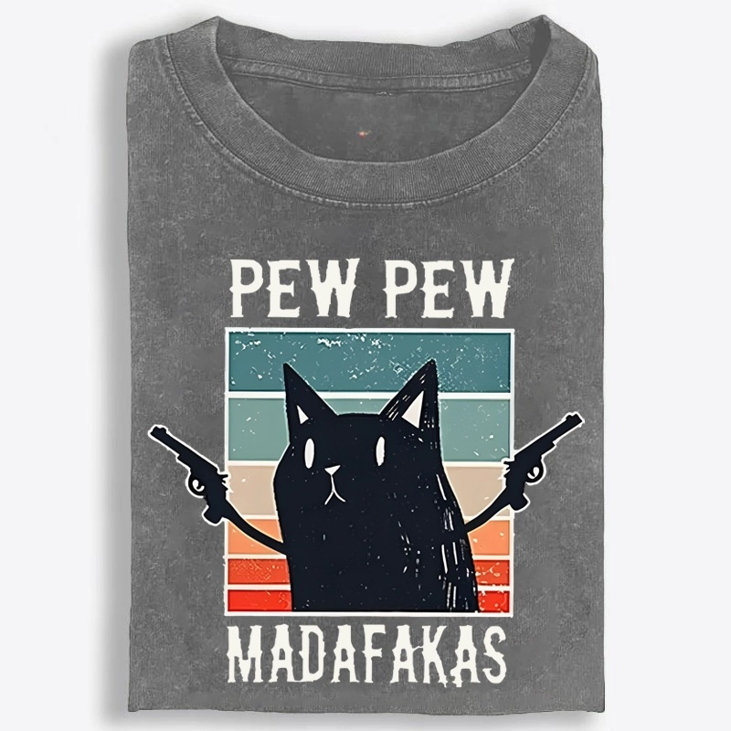 Pew Pew Madafakas Black Cat Retro Washed T-Shirt