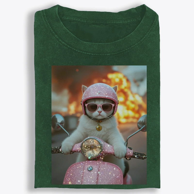 Pink Scooter Cat & Explosion Meme Retro Washed T-Shirt