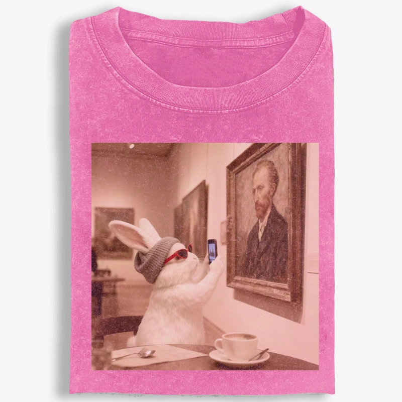 Art Bunny Taking Selfie With Van Gogh Meme Retro Washed T-Shirt