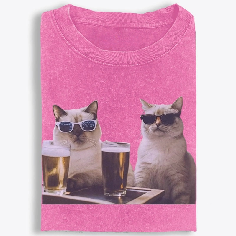 Cats at Bar with Beer Retro Washed T-Shirt