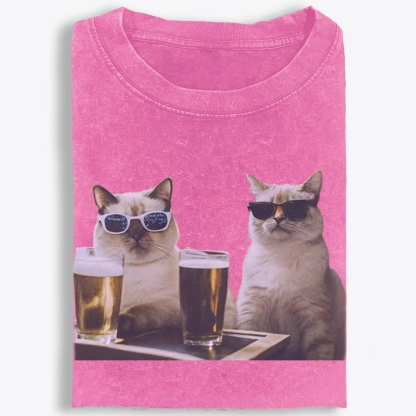 Cats at Bar with Beer Retro Washed T-Shirt