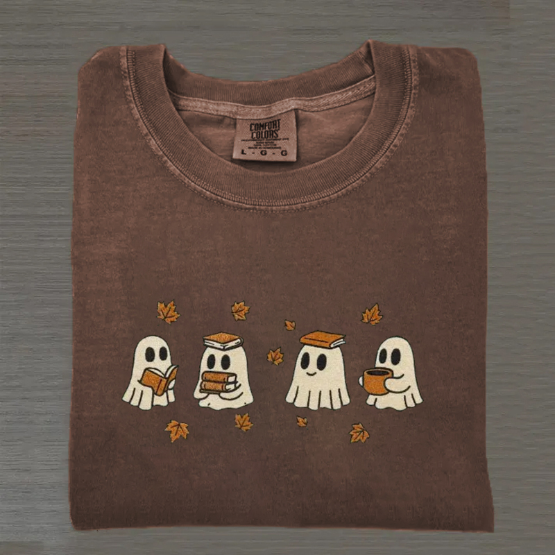 Cute Ghosts Reading Books Autumn Embroidered T-shirt-Magmoo