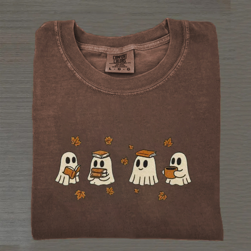 Cute Ghosts Reading Books Autumn Embroidered T-shirt-Magmoo