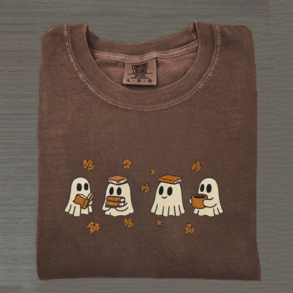 Cute Ghosts Reading Books Autumn Embroidered T-shirt-Magmoo