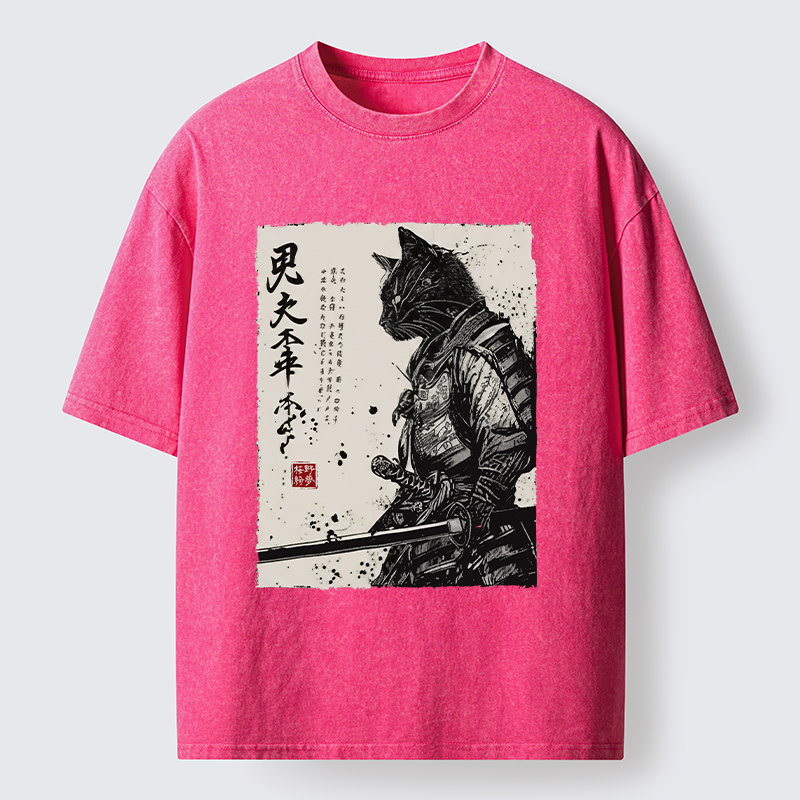Magmoo Japanese Samurai Cat Funny Washed T-Shirt