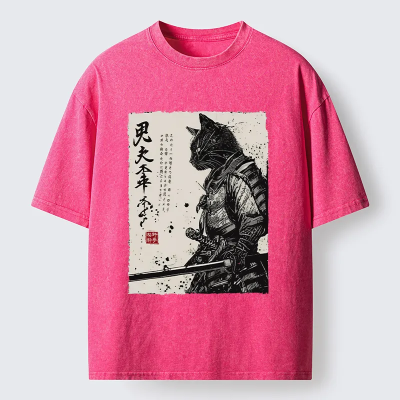 Magmoo Japanese Samurai Cat Funny Washed T-Shirt