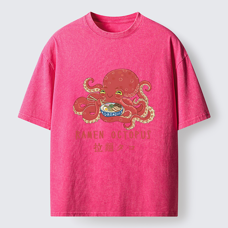 Magmoo Cute Octopus Eating Ramen Washed T-Shirt