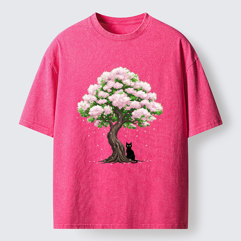 Magmoo Sakura And Cat Washed T-Shirt-Magmoo