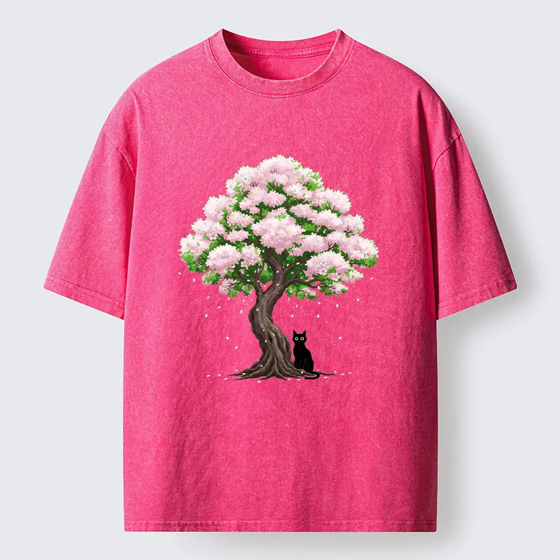 Magmoo Sakura And Cat Washed T-Shirt-Magmoo