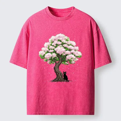 Magmoo Sakura And Cat Washed T-Shirt-Magmoo