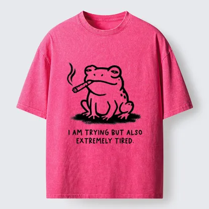 Magmoo Hardworking But Tired Frog Washed T-Shirt