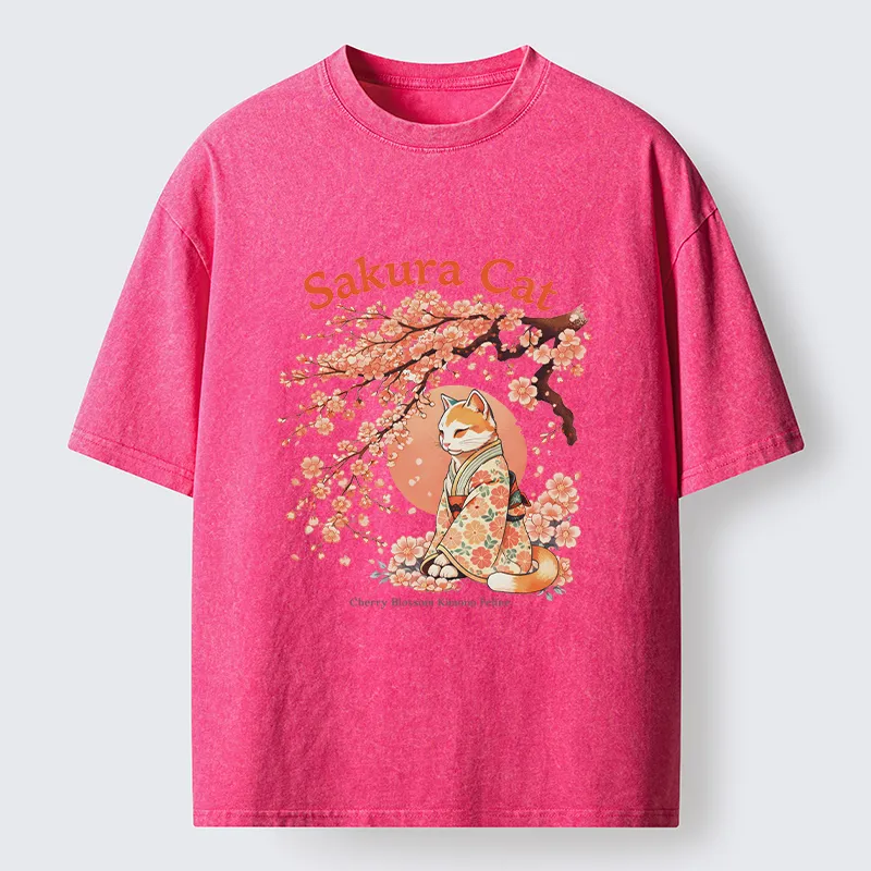 Magmoo Cat Under The Sakura Washed T-Shirt-Magmoo