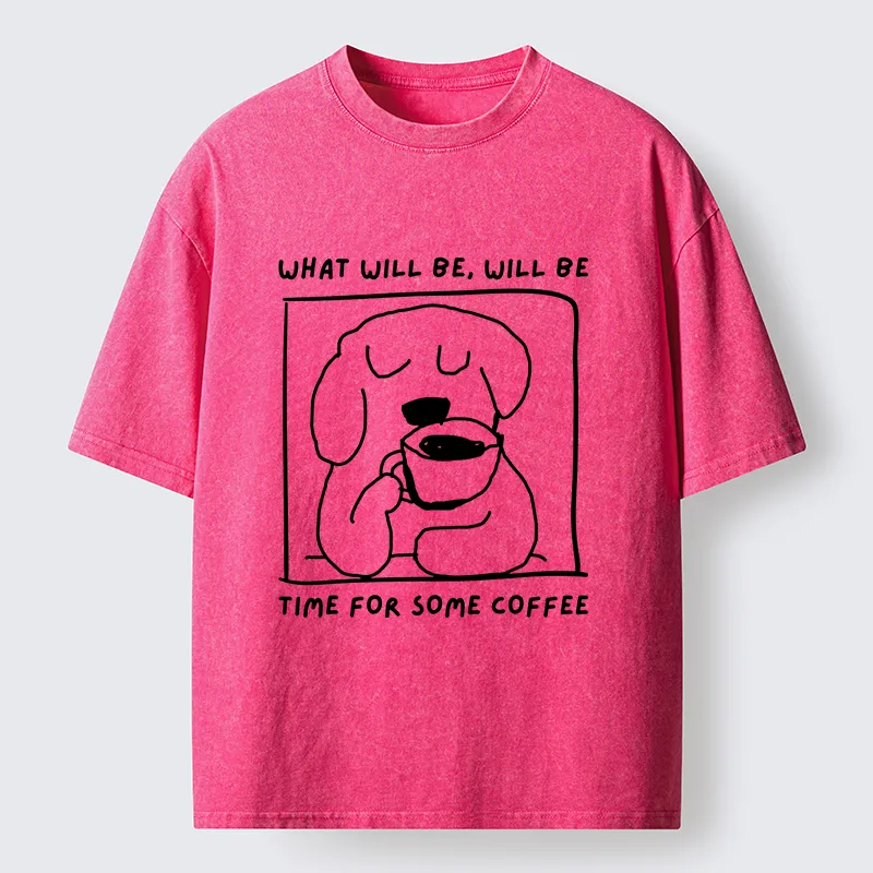 Magmoo Puppy Drinks Coffee Washed T-Shirt-Magmoo