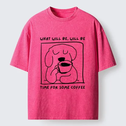 Magmoo Puppy Drinks Coffee Washed T-Shirt-Magmoo