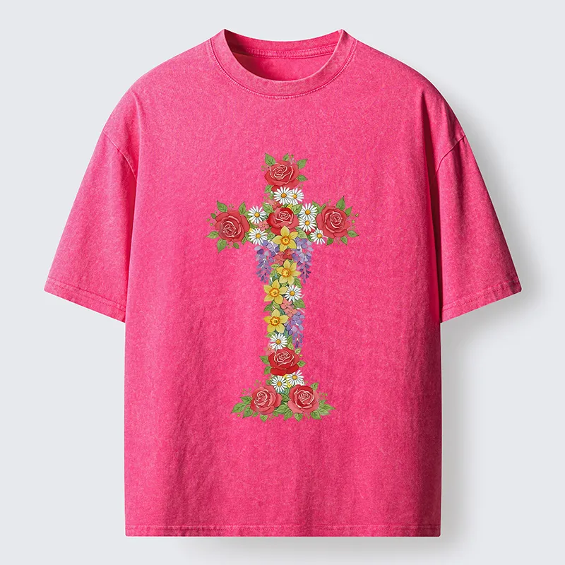 Magmoo Flower Cross Washed T-Shirt-Magmoo