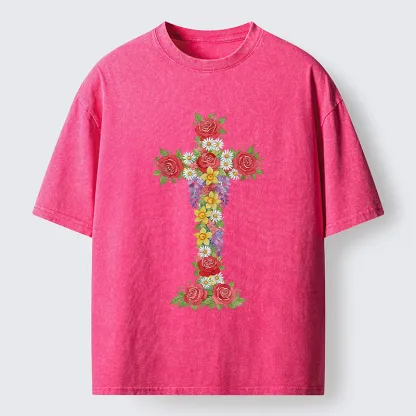 Magmoo Flower Cross Washed T-Shirt-Magmoo