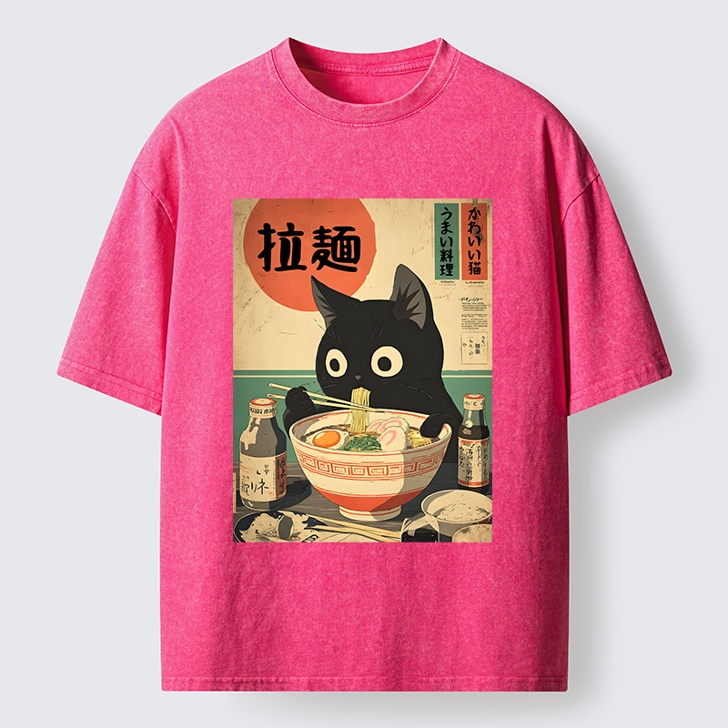 Magmoo Cat Is Eating Ramen At The Restaurant Washed T-Shirt-Magmoo