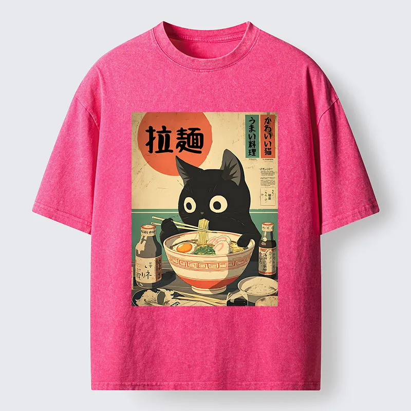 Magmoo Cat Is Eating Ramen At The Restaurant Washed T-Shirt-Magmoo