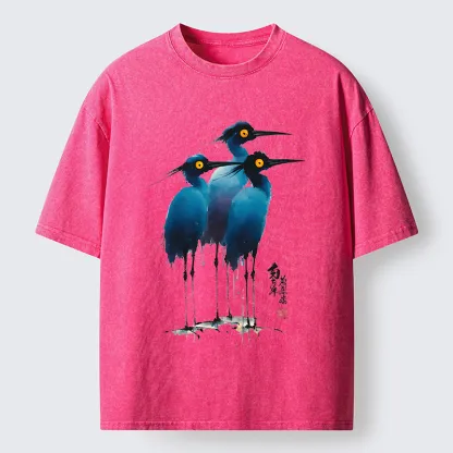 Magmoo Great Blue Heron Ink Painting Washed T-Shirt-Magmoo