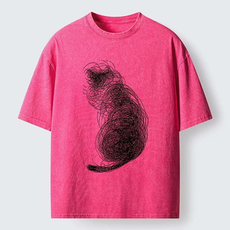 Magmoo Chaotic Line Art Of A Curled Cat Washed T-Shirt-Magmoo