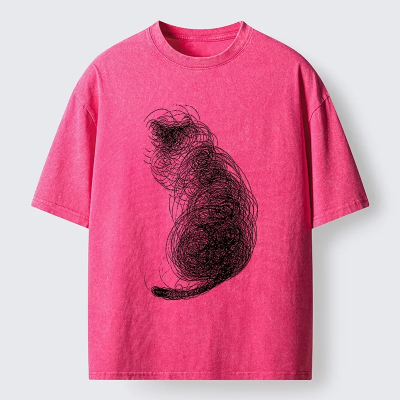 Magmoo Chaotic Line Art Of A Curled Cat Washed T-Shirt-Magmoo