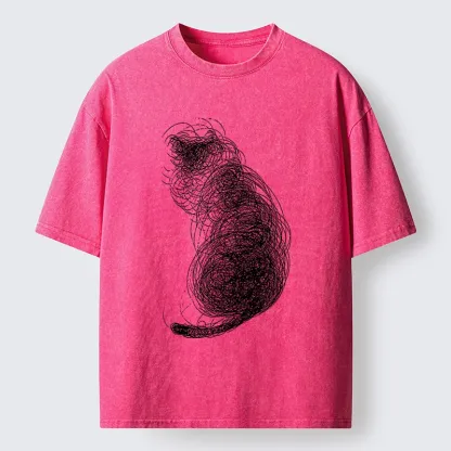 Magmoo Chaotic Line Art Of A Curled Cat Washed T-Shirt-Magmoo