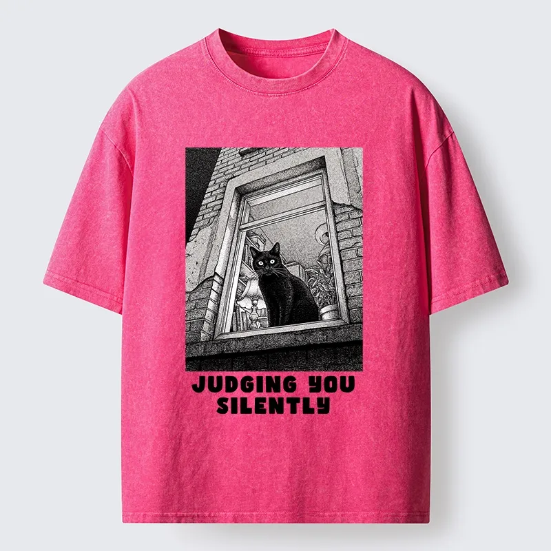 Magmoo The Judging Black Cat Washed T-Shirt-Magmoo