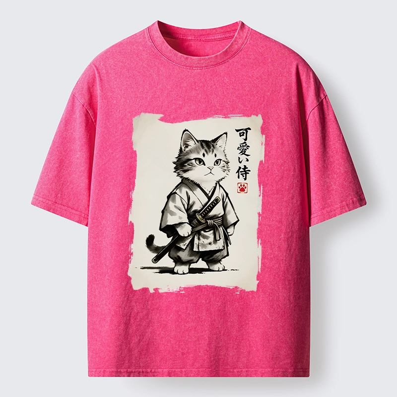 Magmoo Japanese Samurai Cat Illustration Washed T-Shirt