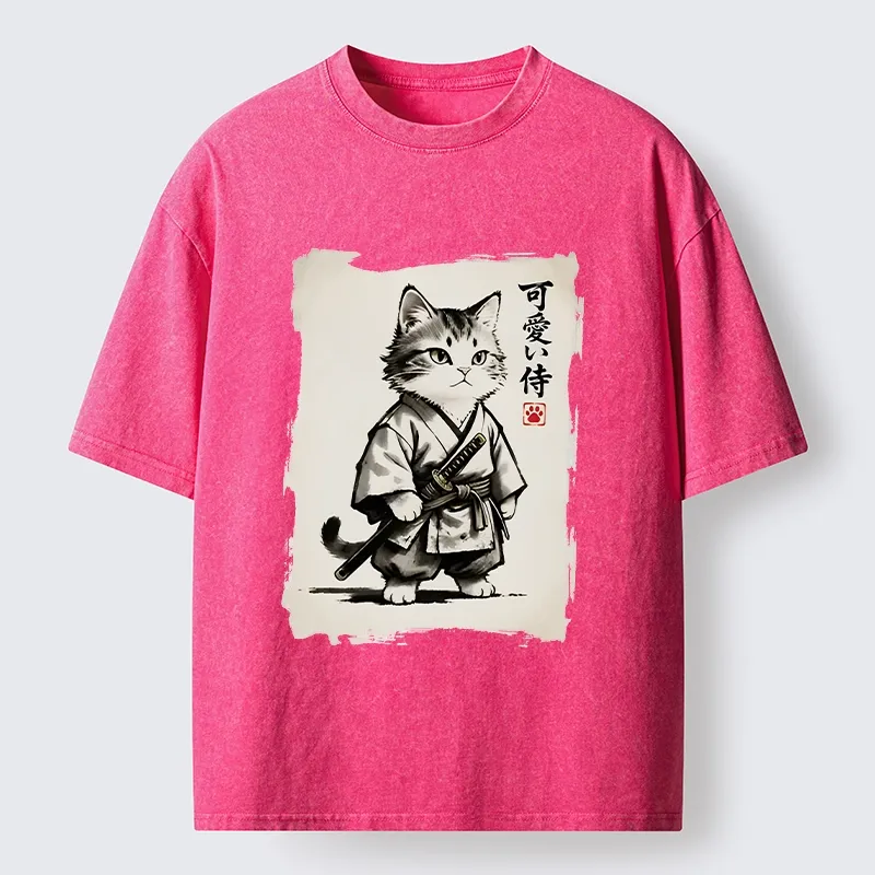 Magmoo Japanese Samurai Cat Illustration Washed T-Shirt