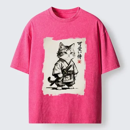Magmoo Japanese Samurai Cat Illustration Washed T-Shirt