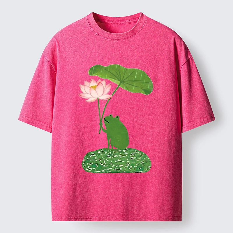 Magmoo Frog With Lotus Umbrella Meme Washed T-Shirt
