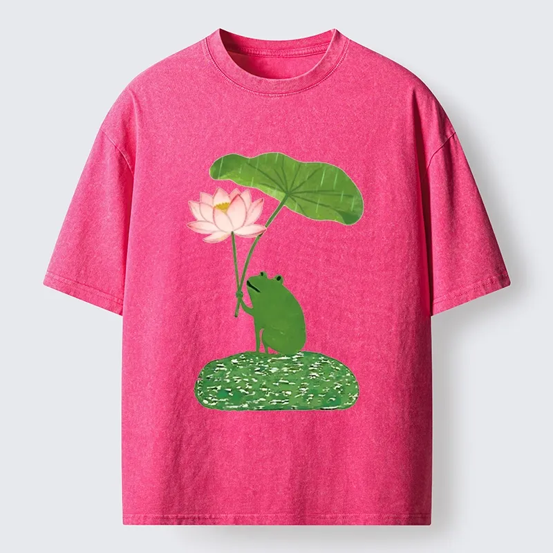 Magmoo Frog With Lotus Umbrella Meme Washed T-Shirt
