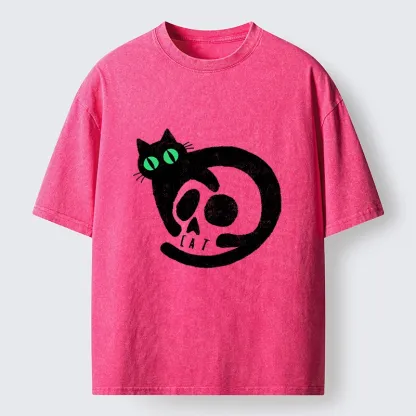 Magmoo Spooky Black Cat Skull Meme Washed T-Shirt-Magmoo