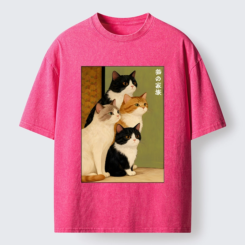 Magmoo Funny Japanese Cat Family Portrait Washed T-Shirt